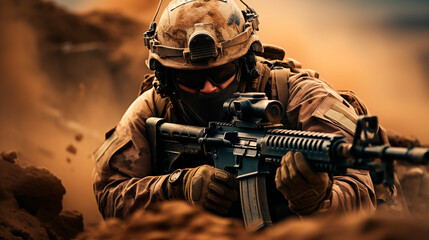 Wall Mural - Portrait of a soldier at war in the desert. generated with ai