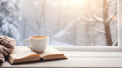 Wall Mural - Cup of coffee latte and book on wooden windowsill with beautiful view of snowy forest. Copy space