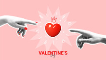 Valentine's day banner template. Vector illustration with halftone hands pointing fingers to heart. Concept of vintage collage for Valentine's Day with cut out symbols and hand drawn doodles.