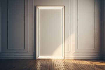Poster - Generative AI : Poster picture frame mockup on wooden tiles floor with aesthetic shadow