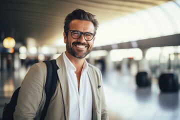 Wall Mural - Portrait of a smiling man in his 40s wearing a classic white shirt against a bustling airport terminal. AI Generation