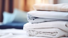Generative AI : Stack of clean bedding sheets on blurred laundry room background