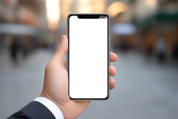 Aufkleber - Generative AI : Close-up of a businessman hand holding a smartphone white screen is blank the background is blurred.Mockup.