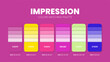 Color palette in Impression colour theme collections. Color inspiration or colour chart with codes number. Color combination set of RGB. Colors for graphic design, art, fashion, or web design. Vector.