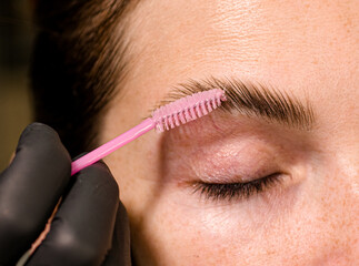 Eyebrow tinting, a young woman sitting in a chair at a brow artist's station. The artist is applying dye to the woman's eyebrows.