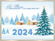 Happy New Year 2024. Christmas tree on background of winter landscape with houses and snowy fir trees. Holiday banner, web poster, greeting card. 3D vector illustration.