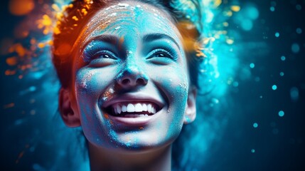 Wall Mural - A person smiling brightly, standing on a vibrant blue background, their eyes sparkling with happiness.