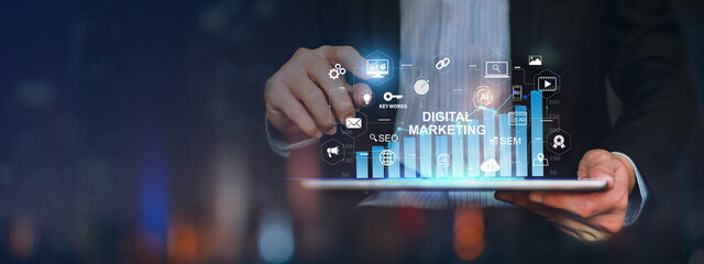 Wall Mural - digital marketing business analytics technology concept banner background. website adertisement soci