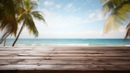 Dark wood floor top on blur tropical beach background, Advertisement, Print media, Illustration, Banner, for website, copy space, for word, template, presentation