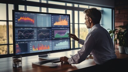 analyst uses computer and dashboard for data business analysis and Data Management System with KPI and metrics connected to the database for technology finance, operations, sales, marketing.