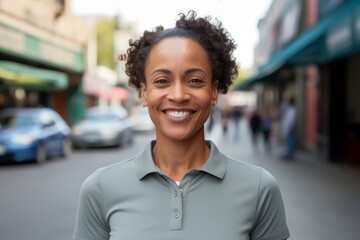 Wall Mural - Portrait of a smiling woman in her 40s wearing a breathable golf polo against a vibrant market street background. AI Generation