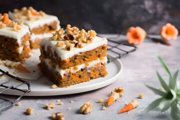 Wall Mural - Homemade carrot cake with cream and nut 