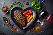 Various degrees of doneness of beef steak in the shape of half a heart with spices and vegetables on a stone dark background. photo created using Playground AI platform