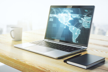 Wall Mural - abstract digital world map with connections on modern computer monitor, big data and blockchain conc
