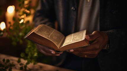 Wall Mural - A man holding an open bible in front of a candle, AI