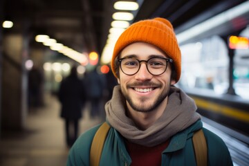 Sticker - Portrait of a happy man in his 20s donning a warm wool beanie against a bustling city subway background. AI Generation