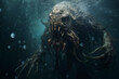 Deep sea monster - underwater - Ocean depths mystery - Copy Space - Mythological creature with open mouth and sharp fangs