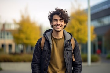 Wall Mural - Portrait of a cheerful man in his 20s sporting a rugged denim jacket against a modern university campus background. AI Generation