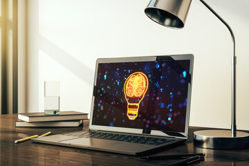 Wall Mural - Creative light bulb illustration with human brain on modern computer monitor, future technology concept. 3D Rendering