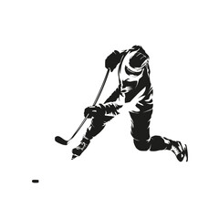 Wall Mural - Hockey player shooting puck, isolated vector silhouette. Ice hockey