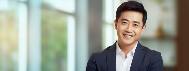 Portrait of handsome man. Businessman in formal suit. Business success concept. Office background. Asian Guy smiles and look at the camera. Ai generative.