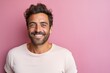 © CogniLens - Portrait of a cheerful man in his 30s donning a trendy cropped top against a solid pastel color wall. AI Generation