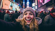 Stylish Happy Woman Takes a Selfie Against the Exciting Backdrop of Times Square Crowd in Manhattan, New York City.