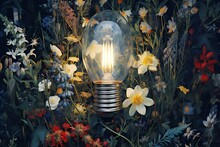 Vintage Light Bulb With Daffodils And Wildflowers