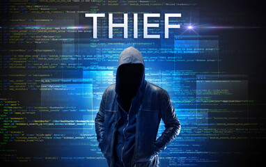 Wall Mural - Faceless hacker on code background