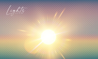 Wall Mural - Realistic sun shining natural light effect with warm beams and rays. Sunrise and sunset, flash and explosion. Soft and bright vector effect.