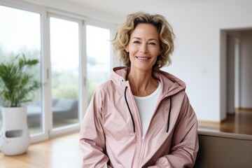 Wall Mural - Portrait of a blissful woman in her 50s wearing a functional windbreaker against a crisp minimalistic living room. AI Generation