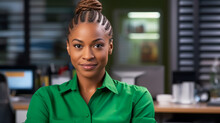 Portrait Of Beautiful Pretty Black Woman Secretary With Stylish Hair. Businesswoman Looks At The Camera And Smiles. Office Background. Ai Generative.