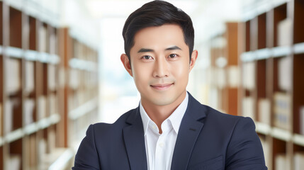 Wall Mural - Portrait of handsome man. Asian Businessman in formal suit. Business success concept. Office background. Guy smiles and look at the camera. Ai generative.