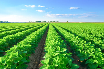 View of soybean farm agricultural field against sky.


