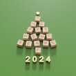 Christmas Tree Symbol made by wooden Computer keys cap on white background. Minimal Happy new years idea concept flat lay. 3D Rendering