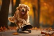 A dog rides a skateboard in autumn park. Golden Retriever is having fun, an active athletic agile dog. Generative AI.
