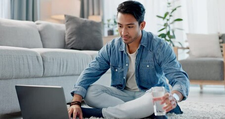 Poster - Home laptop, water and happy man typing, reading and check email communication, education blog and report study. Lounge floor, glass hydration drink or student learning online news, knowledge or info
