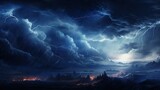 Fototapeta Fototapety z naturą - A stormy sky with dark, swirling clouds and flashes of lightning, symbolizing a tumultuous emotional state. The landscape below is rugged and chaotic, mirroring the intensity of the storm above.