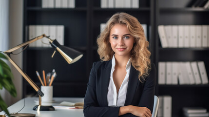 Wall Mural - Portrait of beautiful businesswoman looks at the camera and smiles. Office background. Feminine business and career success concept. Woman with curly hair. Formal wear. Ai generative