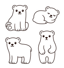 Wall Mural - cute cartoon bear cubs line art drawing set. black and white outline for coloring, simple vector cli