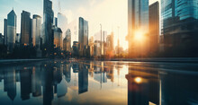 Panorama View Of Tall Buildings, Towers, Skyscrapers And Street On The Sunset, Reflecting Sunlight. Image Created By Generative AI.