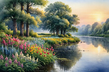 A Painting Of A River With Trees And Flowers In The Foreground And A Sunset In The Background With A Sun Setting