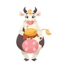 Poster - Funny Cow Character with Udder and Spotted Body Hold Cheese Vector Illustration