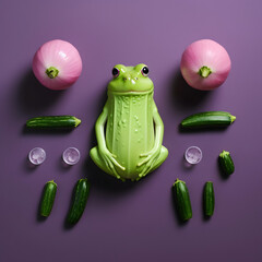 Frog on a purple background whit onion and cucumbers.