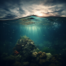 Underwater Landscape Against A Background Of Clouds, Sun Rays Break Through The Transparent Water