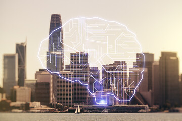 Wall Mural - double exposure of creative human brain microcircuit hologram on san francisco office buildings back