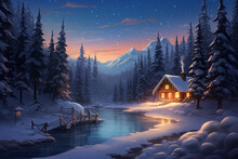 Winter Landscape With A Wooden Cabin By A River In A Snow Covered Forest At Night