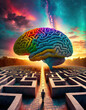 © psychoshadow - The human brain maze concept. Surreal scene of a person in front of a labyrinth and a colorful mind open a new way through in the center