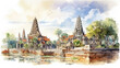 watercolor painting Ayutthaya, an ancient Thai castle