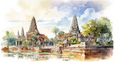 Fototapeta  - watercolor painting Ayutthaya, an ancient Thai castle